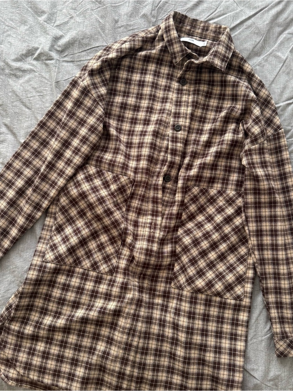 Plaid Button-Front Long Shacket in Brown and Cream twik Simons Xs